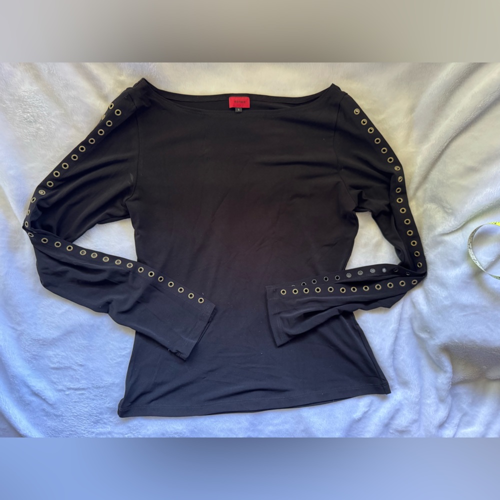 Black Grommet-Detail Long Sleeve Top Y2K 2000s Going Out